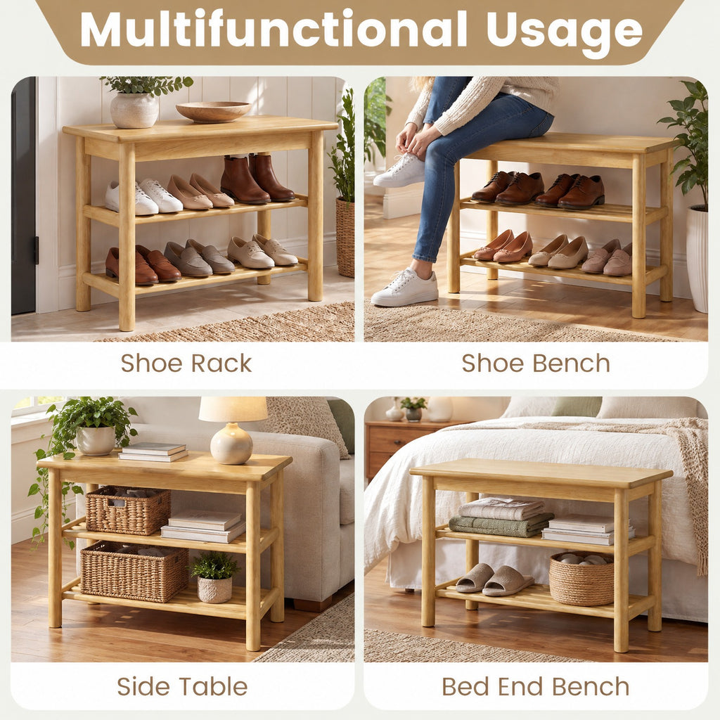 Airfind Shoe Rack Bench 3-Tier Rubberwood Shoe Changing Bench, 485 lbs Capacity, Rubberwood MDF Frame, 24 Inch x 12 Inch x 17 Inch Footprint, Natural