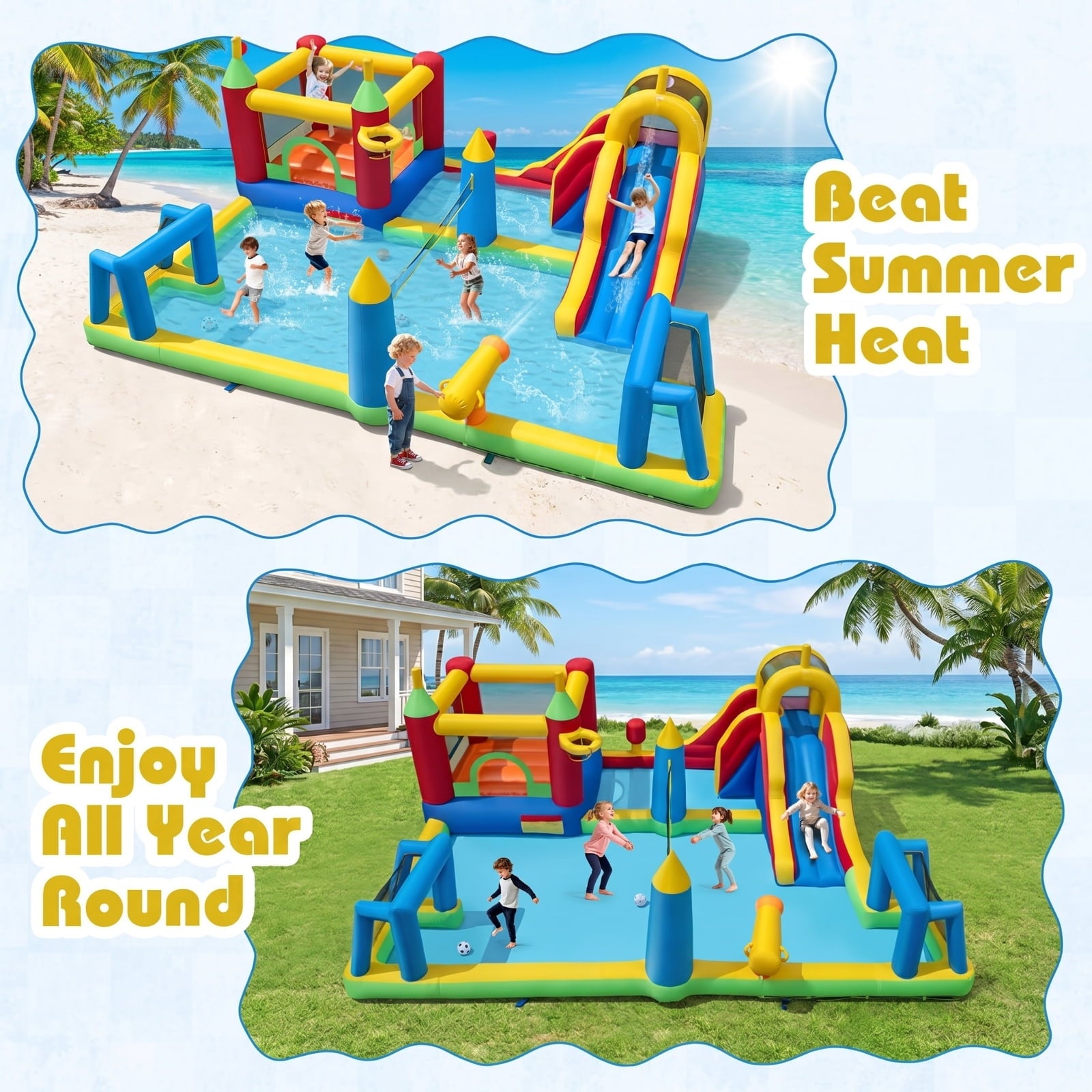 Airfind 9-in-1 Inflatable Water Slide Jumping Castle with Climbing Wall, Basketball Hoop, Football Goals and Volleyball Net, 197in x 161in x 75in for Kids 3-12