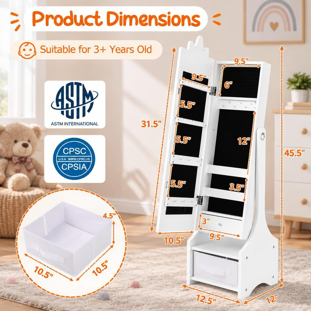 Airfind Kids Jewelry Cabinet with Full-Length Mirror for Kids Bedroom and Playroom, MDF Frame, 12.5 Inch x 12 Inch x 45.5 Inch Footprint, White