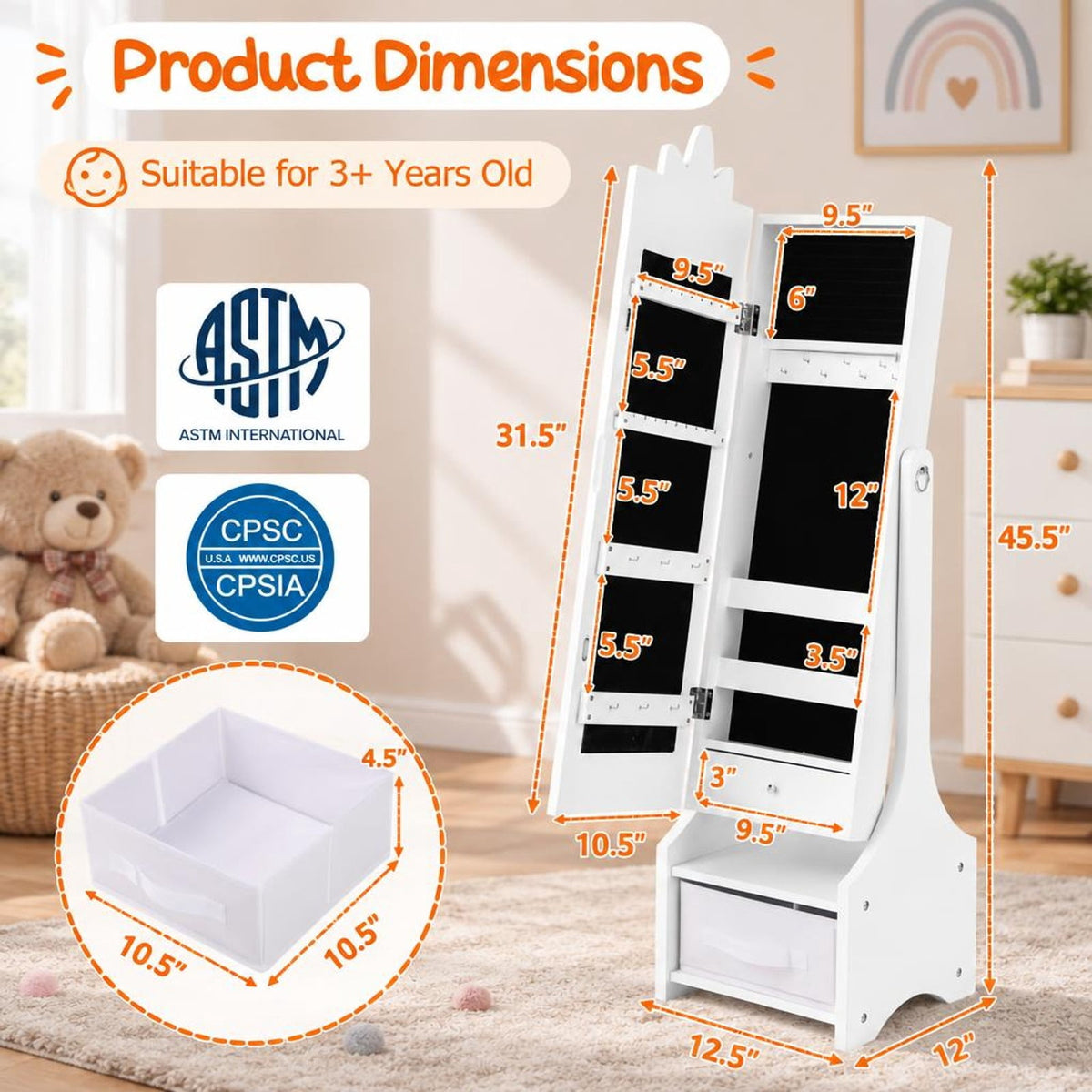 Airfind Kids Jewelry Cabinet with Full-Length Mirror for Kids Bedroom and Playroom, MDF Frame, 12.5 Inch x 12 Inch x 45.5 Inch Footprint, White