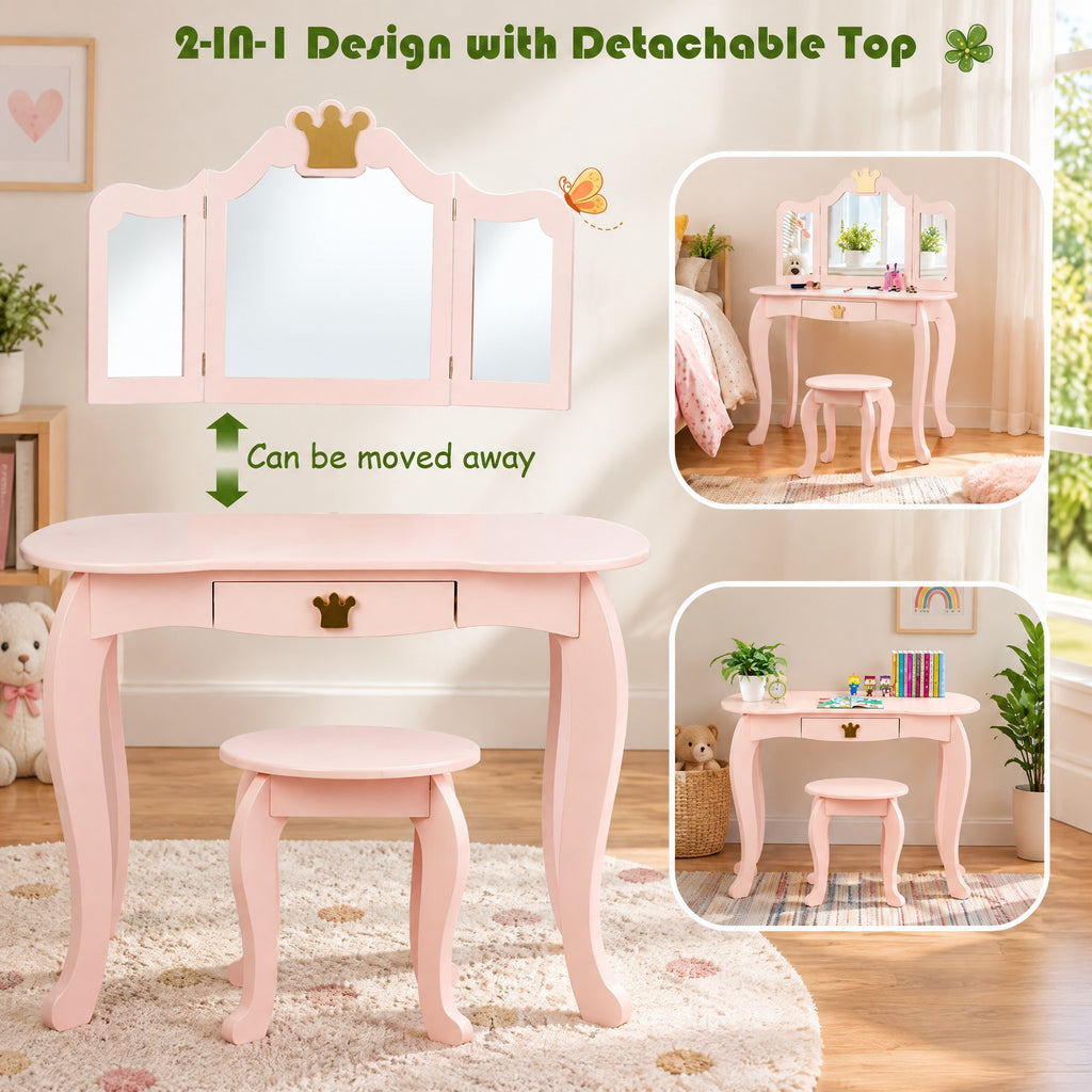 Airfind Kids Makeup Dressing Table with Tri-folding Mirror and Stool, 33 lbs Capacity, MDF pine Frame, 31.5in x 16.5in x 41.5in Footprint, Pink
