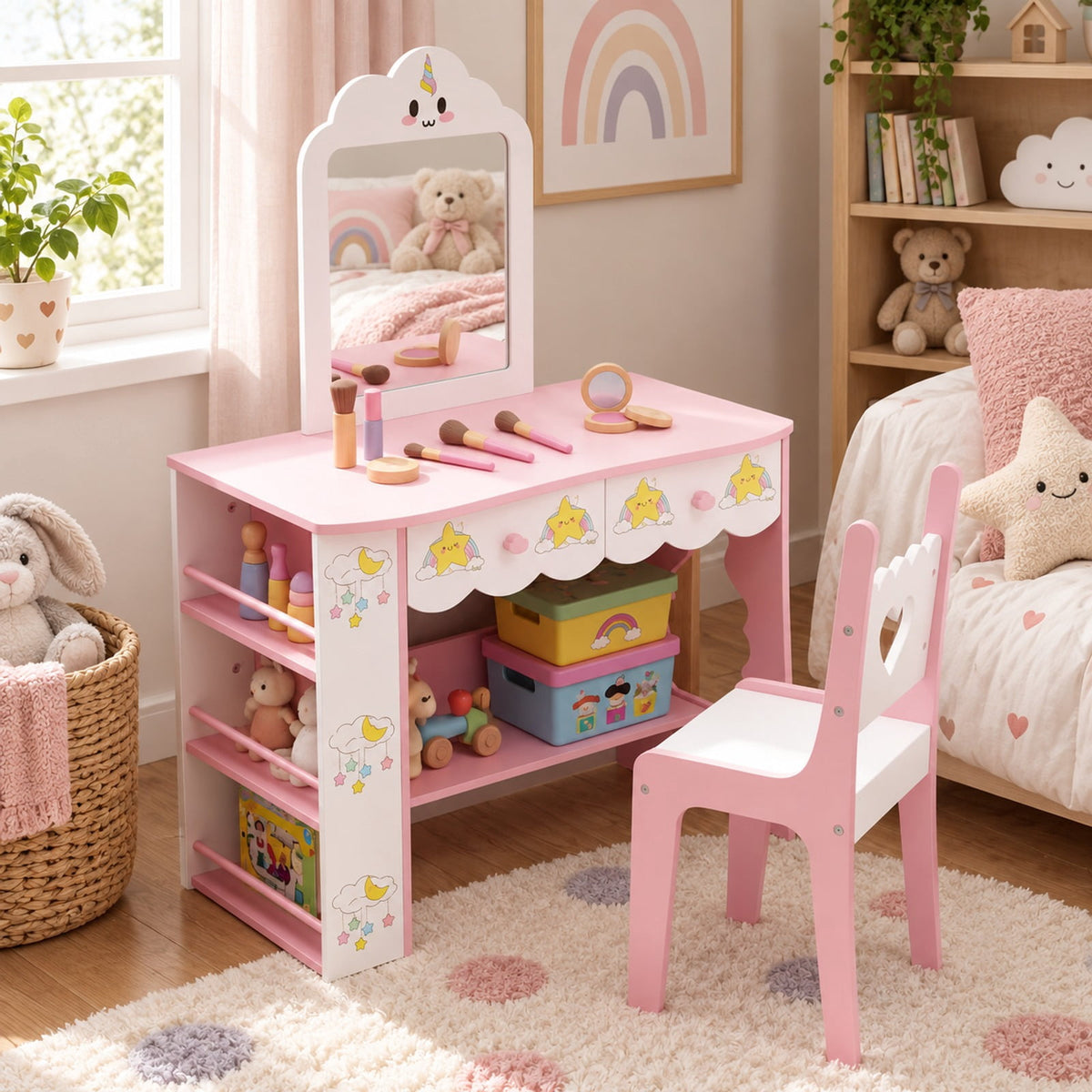 Airfind Youth Vanity Set Princess Girls Dressing Table featuring Mirror and Chair, 190 lbs Capacity, MDF Glass Frame, for 3-7 Years Old, White