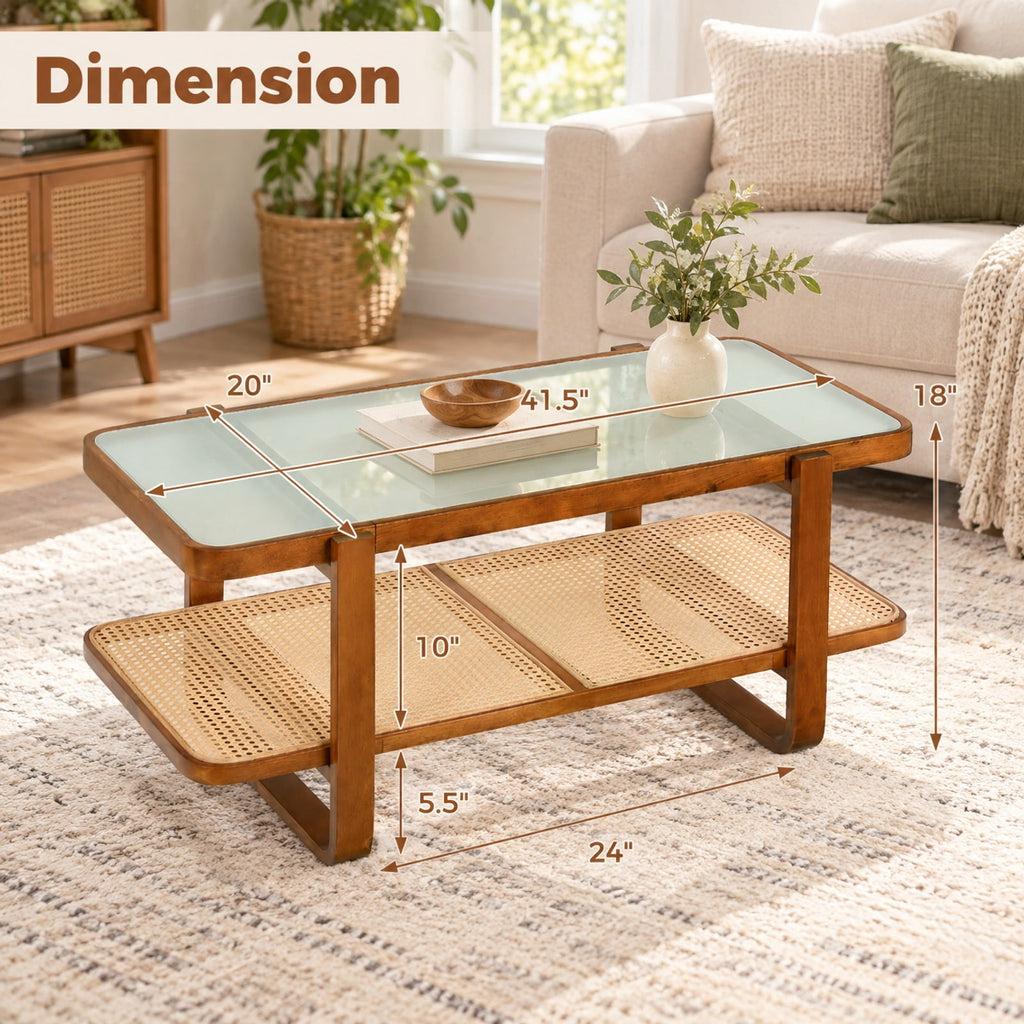 Airfind Coffee Table, Rattan Table with Tempered Glass Top and Storage Shelf, 220 lbs Capacity, Tempered Glass PE Rattan Plywood Frame, Walnut