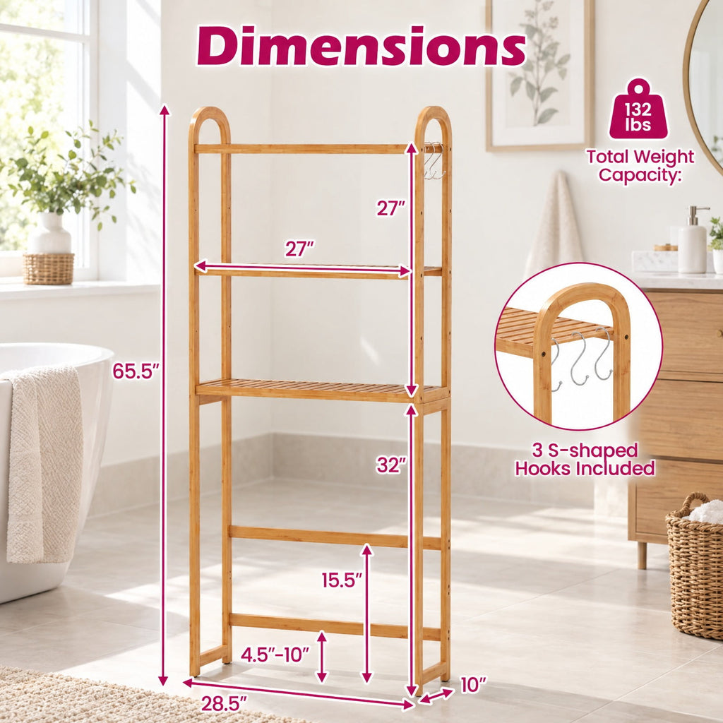 Airfind 3-Tier Bamboo Bathroom Floor Organizer with 5-Position Shelves and 3 Hooks, 132 lbs Capacity, Bamboo Frame, Natural