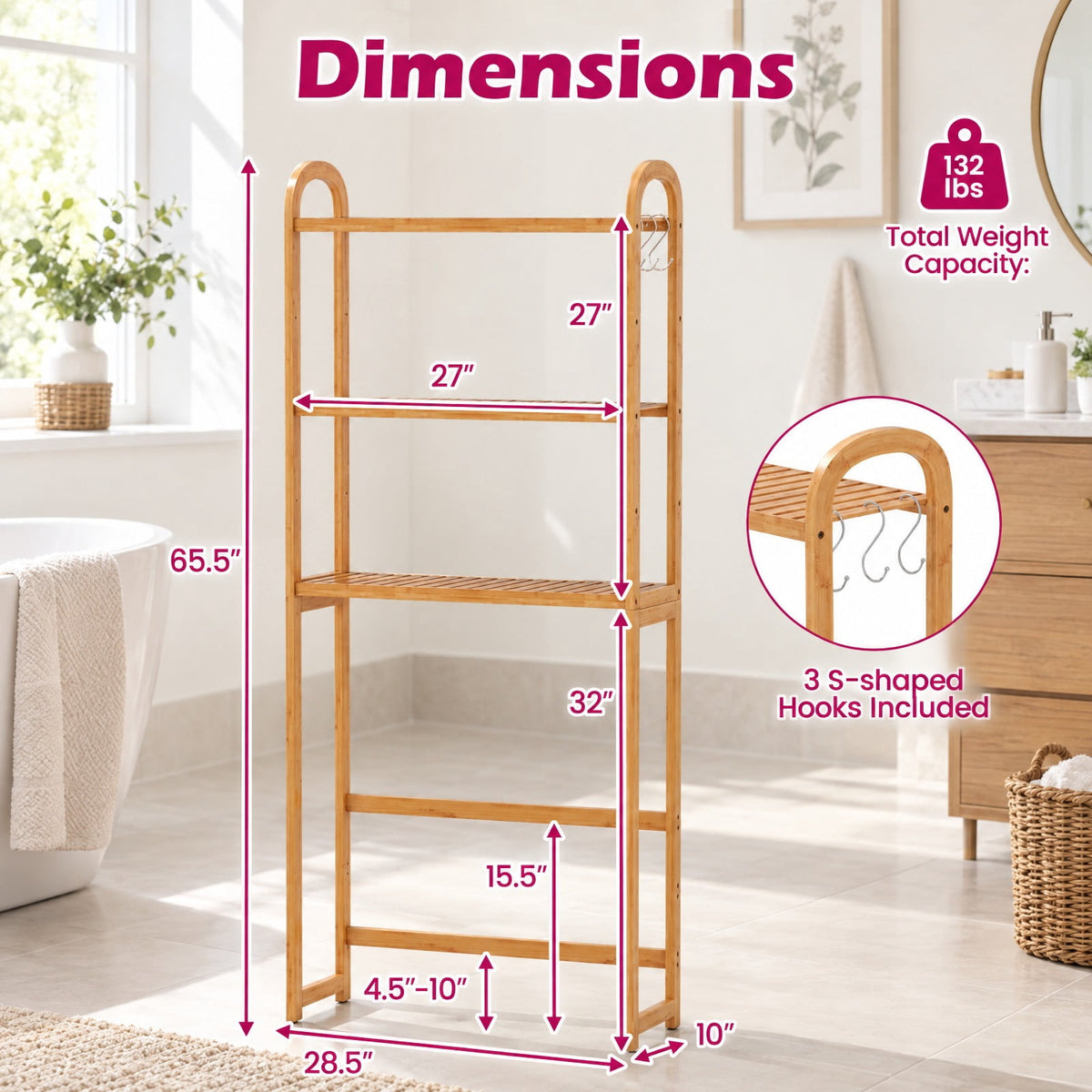 Airfind 3-Tier Bamboo Bathroom Floor Organizer with 5-Position Shelves and 3 Hooks, 132 lbs Capacity, Bamboo Frame, Natural