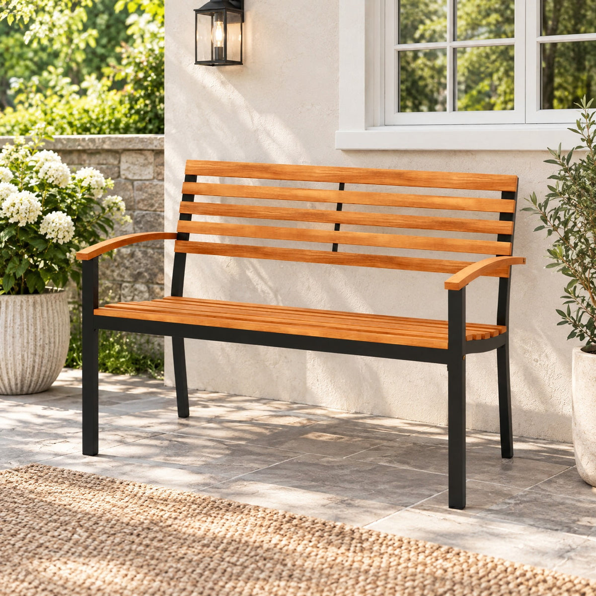 Airfind Outdoor Bench Acacia Wood Patio Loveseat with Backrest Armrests, 800 lbs Capacity, Acacia Wood Metal Frame, 47 × 23 × 34 Footprint, Wood