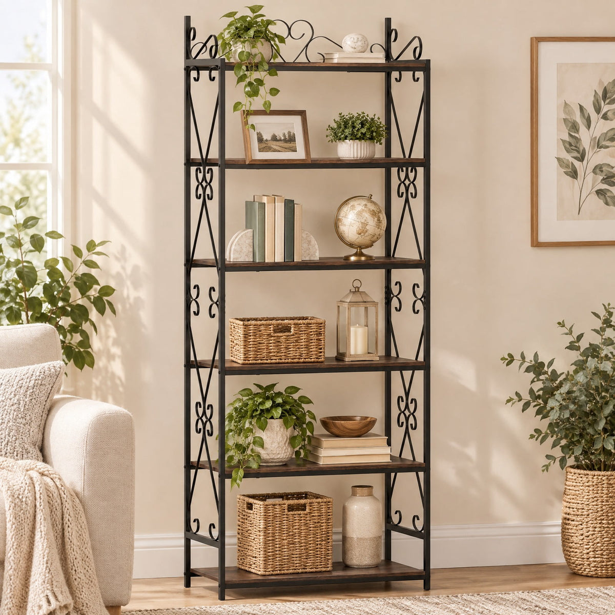 Airfind 6-Tier Bookshelf Industrial Bookcase with 2 Anti-Tipping Kits and Metal Frame, 44 lbs Capacity, Metal Engineered Wood Frame, Brown