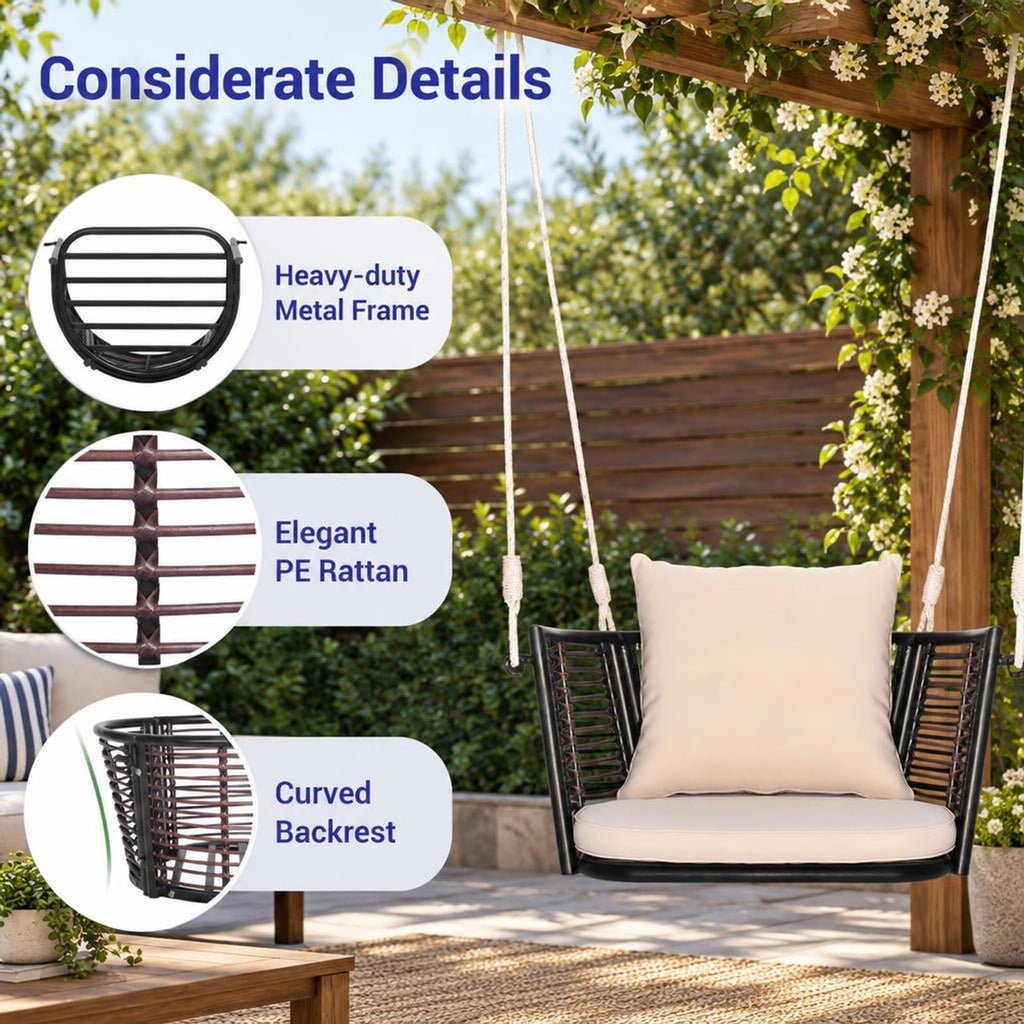 Airfind Single Person Hanging Seat with Woven Rattan Backrest for Backyard, 400 lbs Capacity, 30.5 x 24.5 x 15 Suitable Hanging Footprint