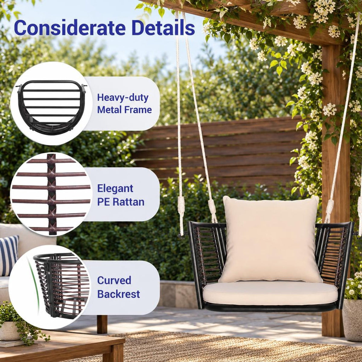 Airfind Single Person Hanging Seat with Woven Rattan Backrest for Backyard, 400 lbs Capacity, 30.5 x 24.5 x 15 Suitable Hanging Footprint