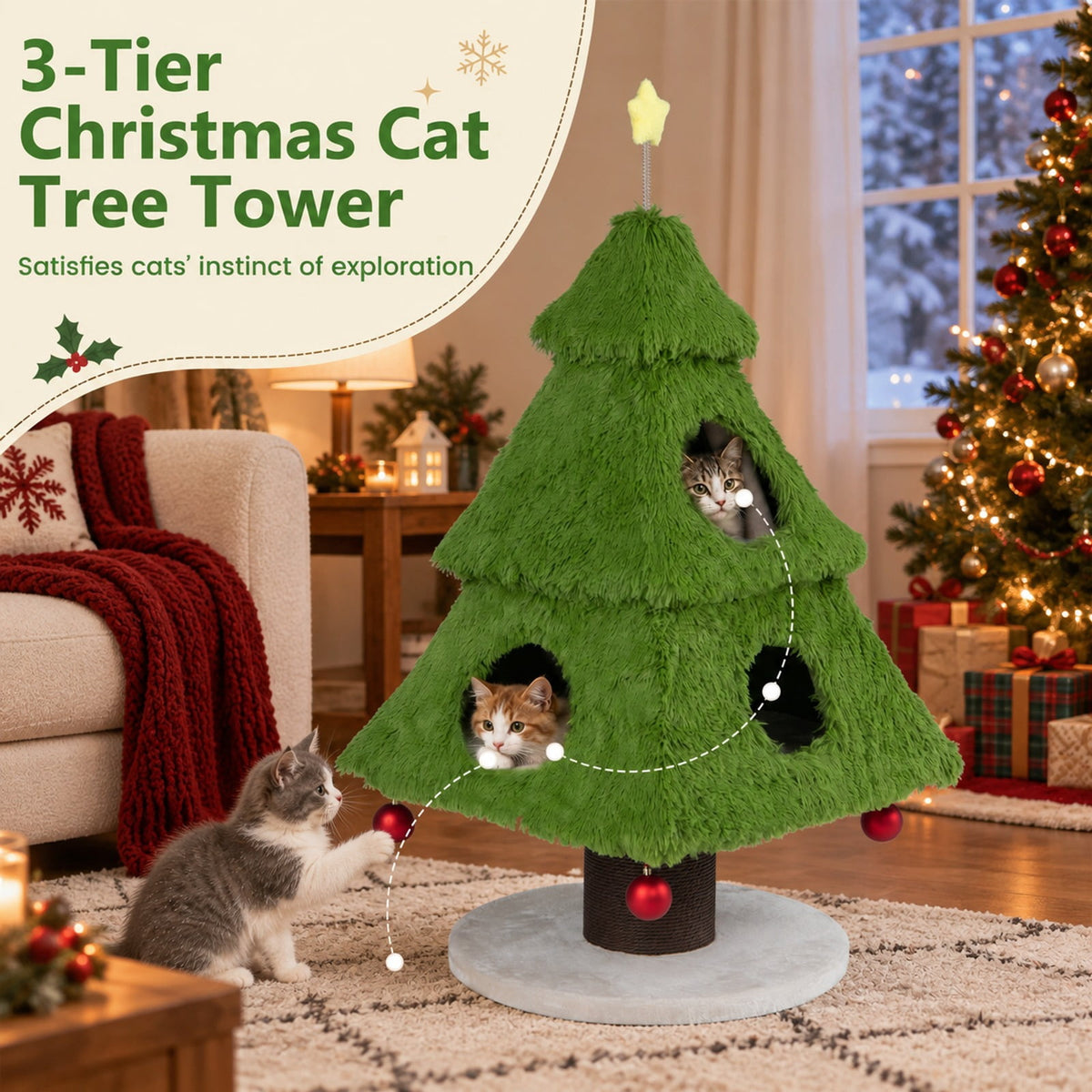 Airfind Christmas Cat Tree with Scratching Post and Dangling Balls for Indoor Cats, 33 lbs Capacity, Green
