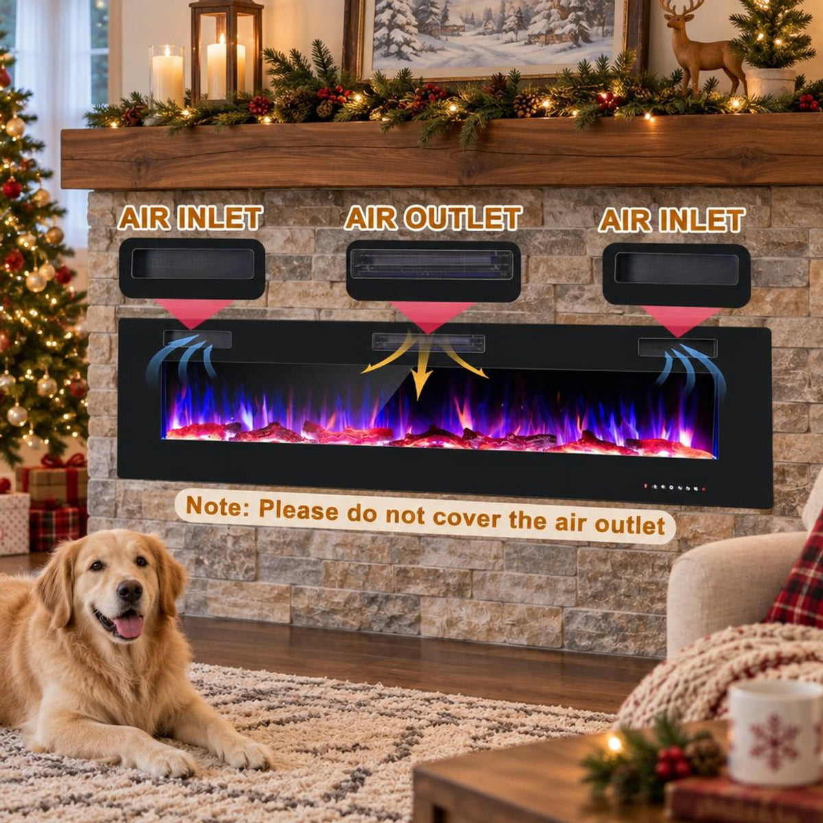 Airfind 68-Inch Electric Fireplace, Recessed or Wall Mounted, 12 Flame Colors, Remote, 1500W, for Living Room for Everyday Use, Black