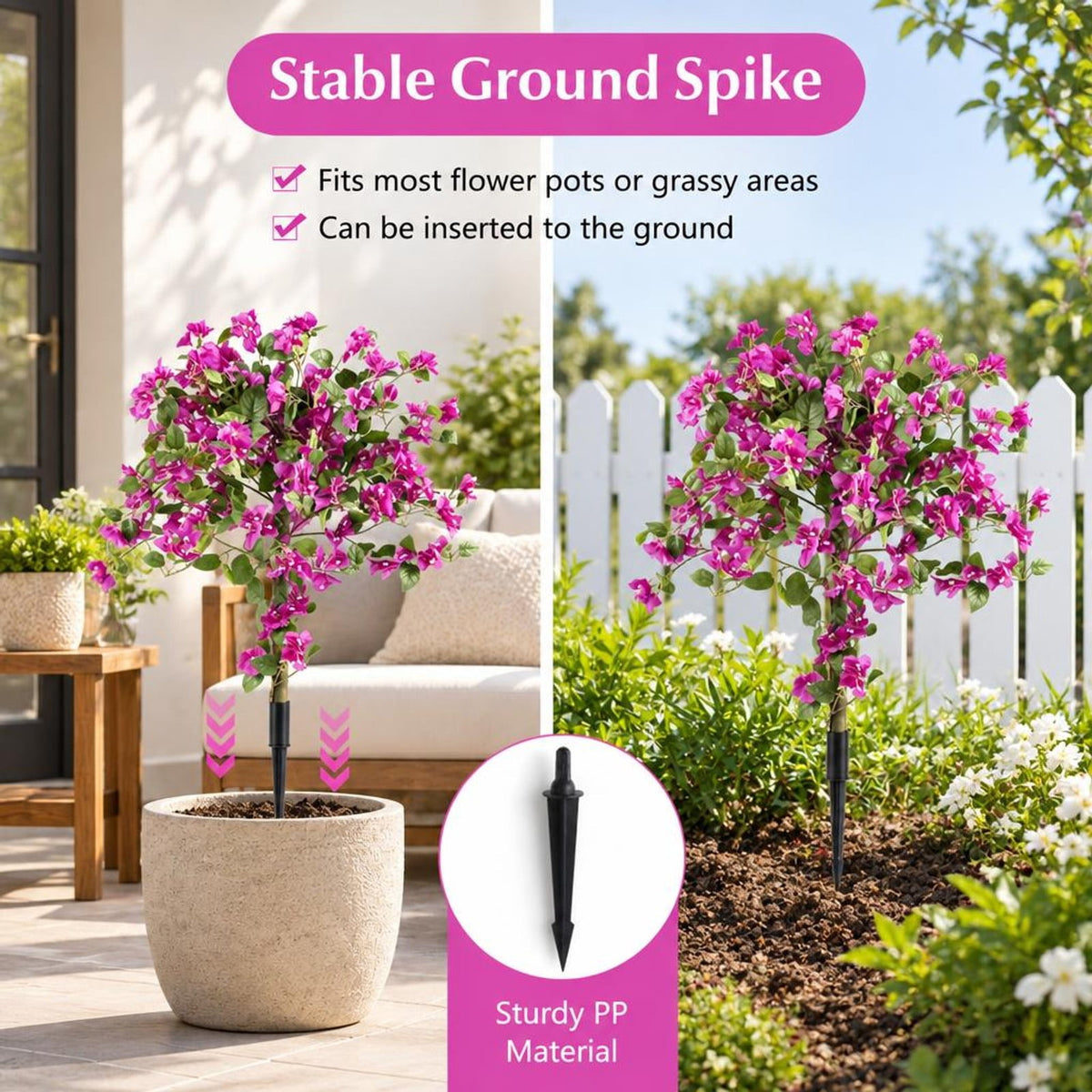 Airfind 2 Pack Artificial Bougainvillea Trees with Ground Spike and PE Trunks for Porch, Pink + Green