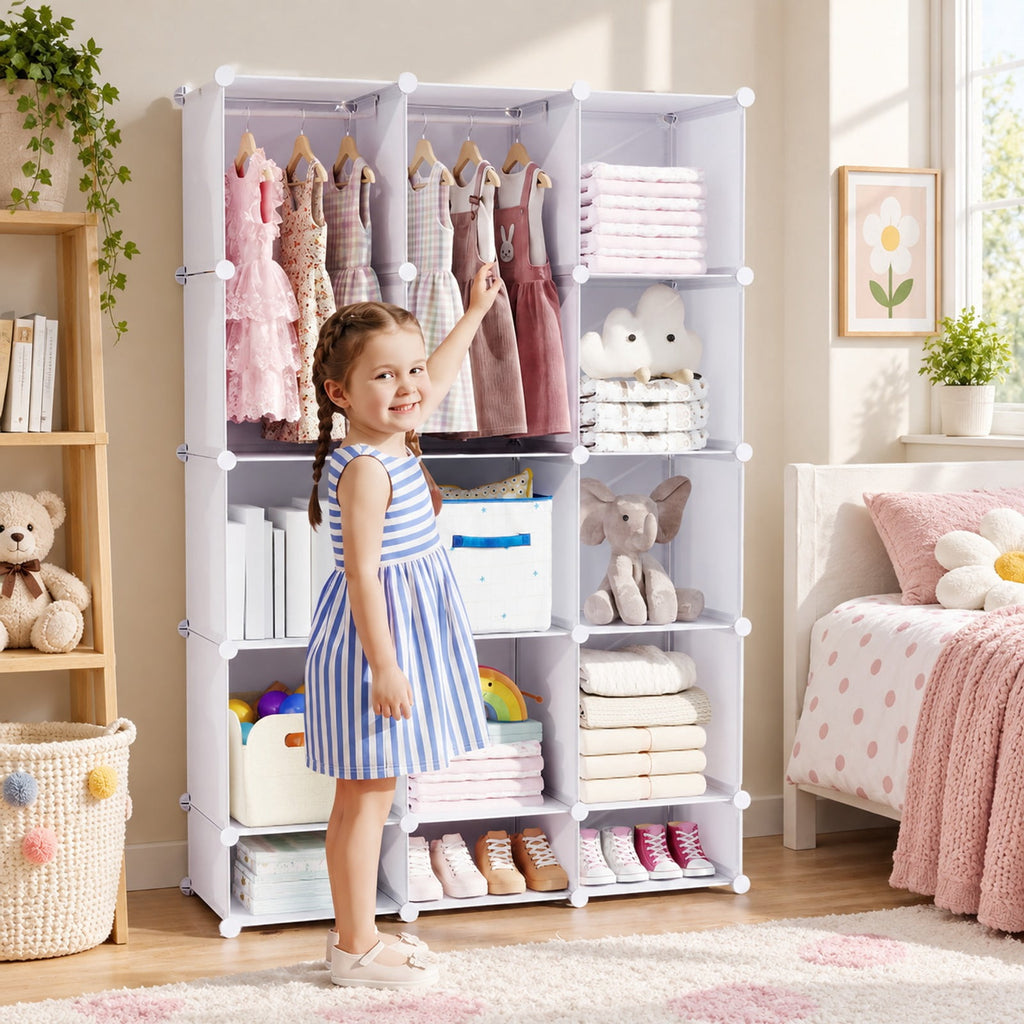 Airfind Modular Baby Wardrobe with 13 Cubes and Hanging Rod and Shelves Stackable, 6.5 lbs Capacity, PP Frame, 43 x 14 x 63 Footprint, White