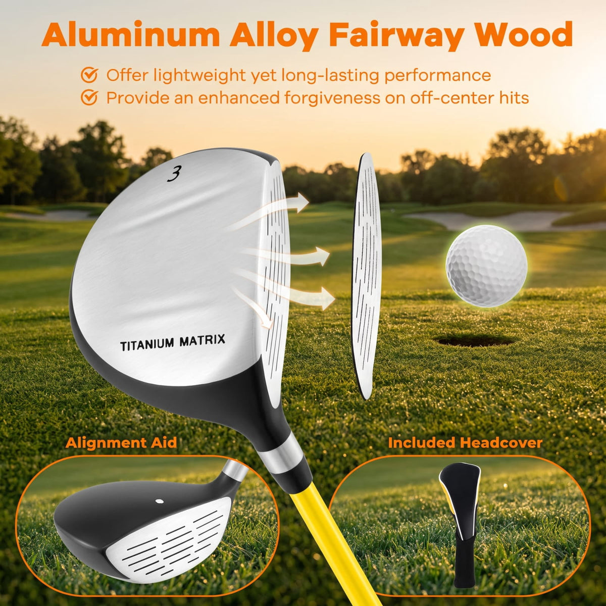 Airfind 34 Inch Junior 165CC #3 Fairway Wood Golf Club with Fiberglass Shaft and Rubber Grip for Kids Ages 8 to 10 Right Hand Beginners, Yellow