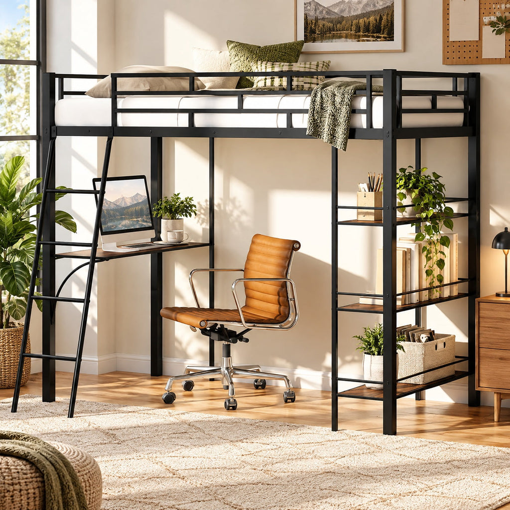 Airfind Twin Size Loft Bed with Desk and Shelves for Kids and Home, 440 lbs Capacity, Metal MDF Frame, 78 x 55.5 x 66.5 Footprint, Black
