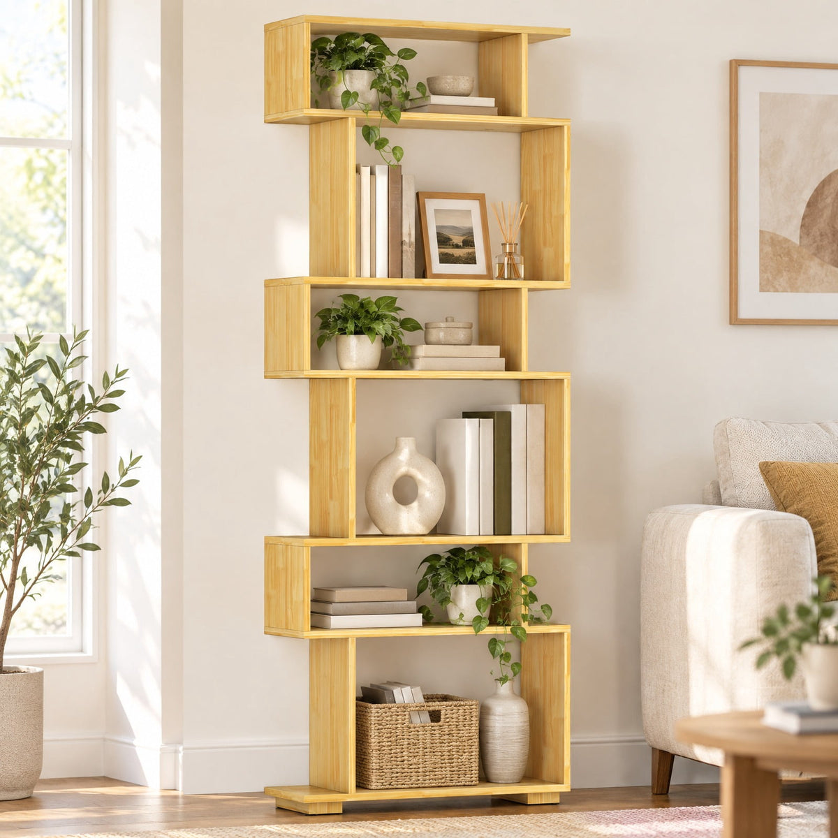 Airfind 6-Tier Geometric Bookshelf with 2 Anti-Tipping Kits for Home Office, 11 lbs Capacity, Engineered Wood Frame, 24 x 8 x 64 Footprint, Wood