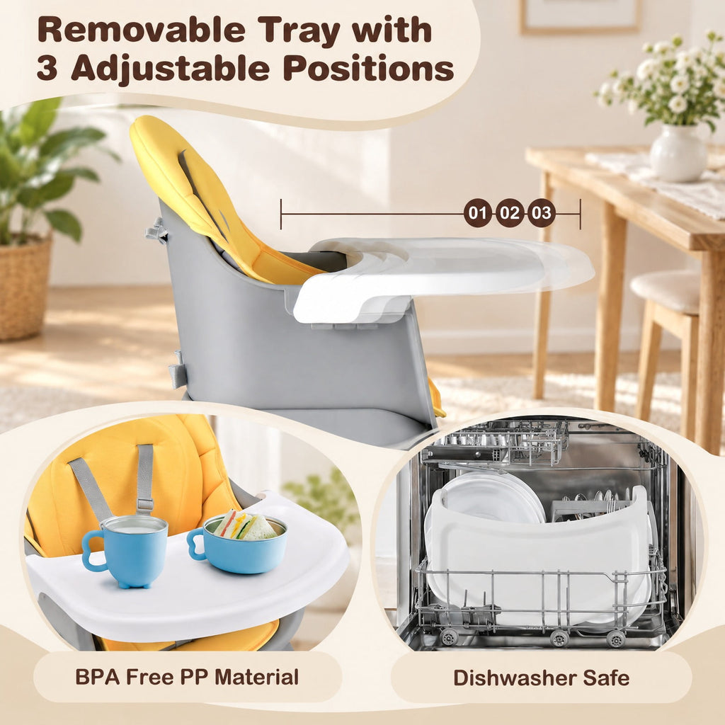 Airfind 6-in-1 Convertible Youth High Chair featuring Adjustable Removable Tray, 55 lbs Capacity, PP PU Fabric Frame, for 6-36 Months, Yellow