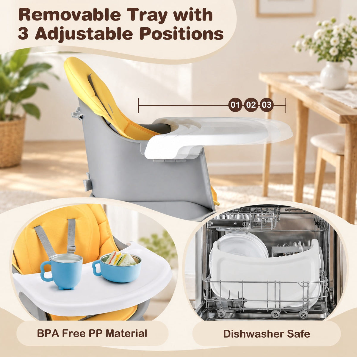 Airfind 6-in-1 Convertible Youth High Chair featuring Adjustable Removable Tray, 55 lbs Capacity, PP PU Fabric Frame, for 6-36 Months, Yellow