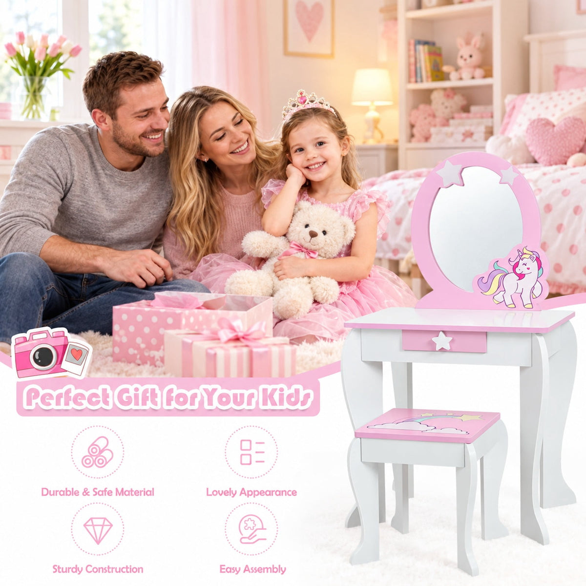 Airfind Kids Wooden Makeup Dressing Table and Chair Set with Mirror and Drawer, MDF Frame, 19 Inch x 14 Inch x 35 Inch Footprint, White