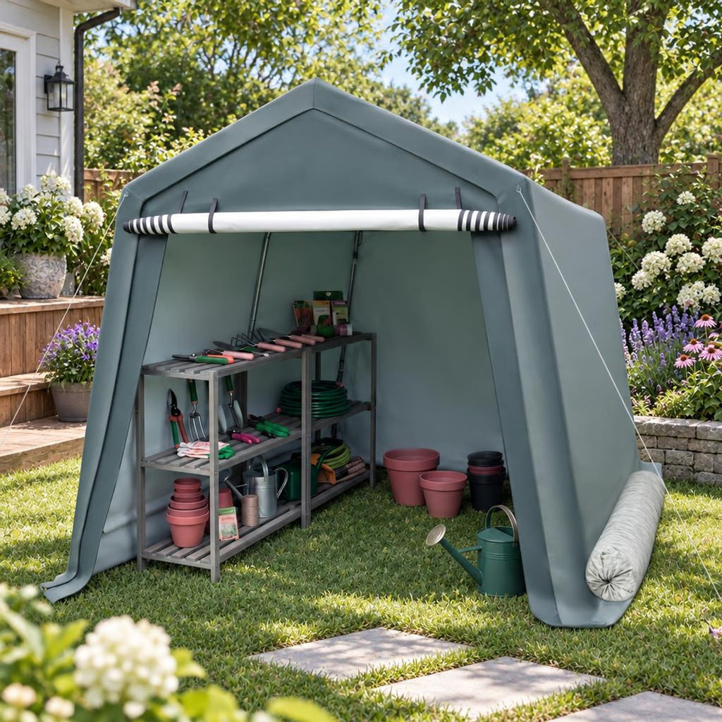 Airfind 8.3 x 14 Feet Outdoor Storage Shed with Roll-Up Zipper Door, Metal Fabric Frame, 8.3 x 14 x 7.5 ft Footprint, Gray