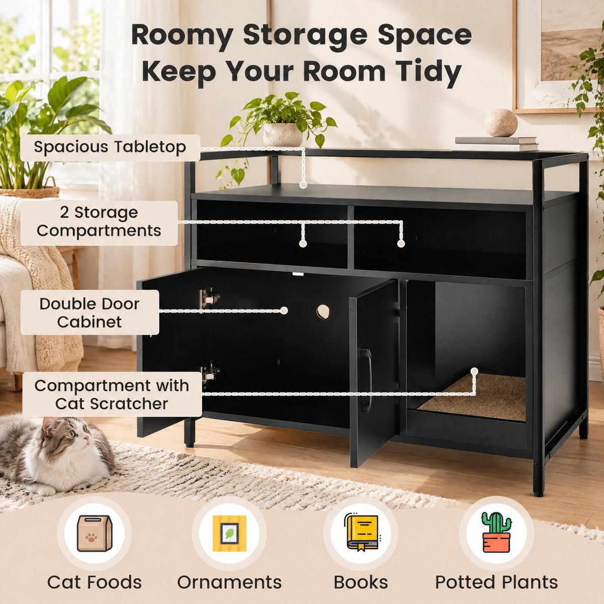 Airfind Hidden Cat Washroom with Double Doors and Scratch Cardboard, MDF Metal Frame, 35 x 17.5 x 29.5 Compartment Footprint, Coffee