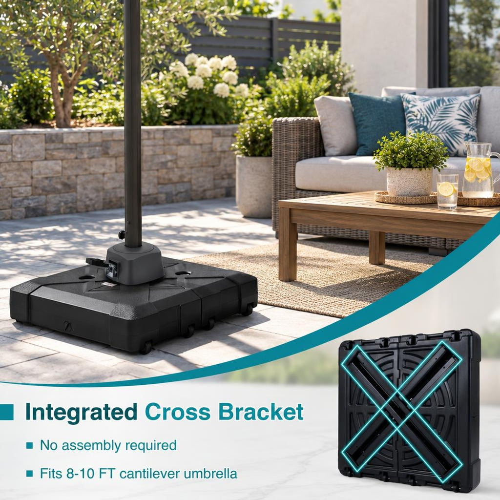 Airfind 34 Inch x 34 Inch Cantilever Patio Umbrella Base with 4 Wheels, HDPE Metal Frame, 34 Inch x 34 Inch x 8 Inch Crossed Base Footprint, Black