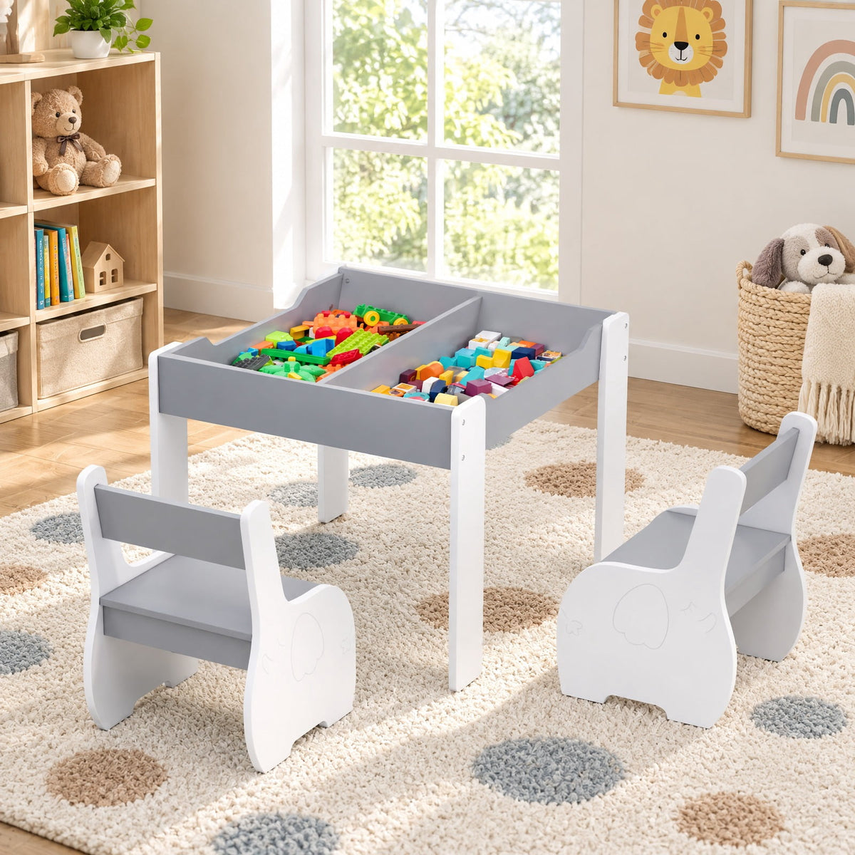 Airfind 4-in-1 Wooden Activity Kids Table and Chairs with Storage and Detachable Blackboard, 66 lbs Capacity, MDF Frame, for 3-6 Years old, Gray