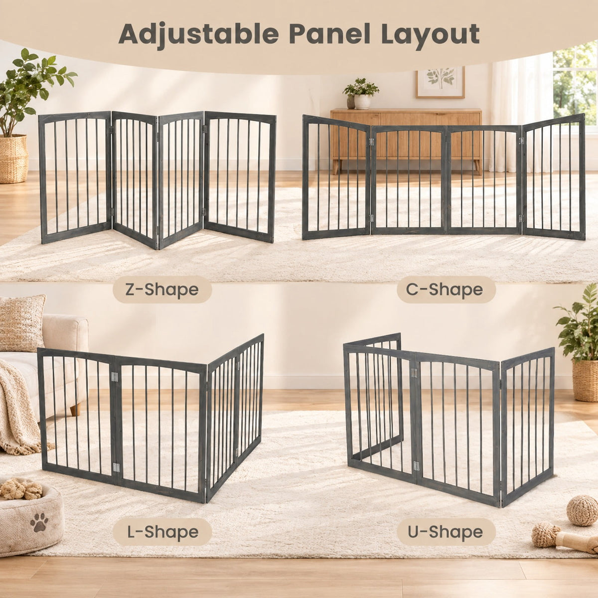 Airfind Wooden Pet Fence, 83 inch L x 30 inch H Dog Gate 4-Panel, for Indoor, Fir Wood Fully Expandable Frame, 21 Inch x 2.2 Inch x 30 Inch Footprint, Gray