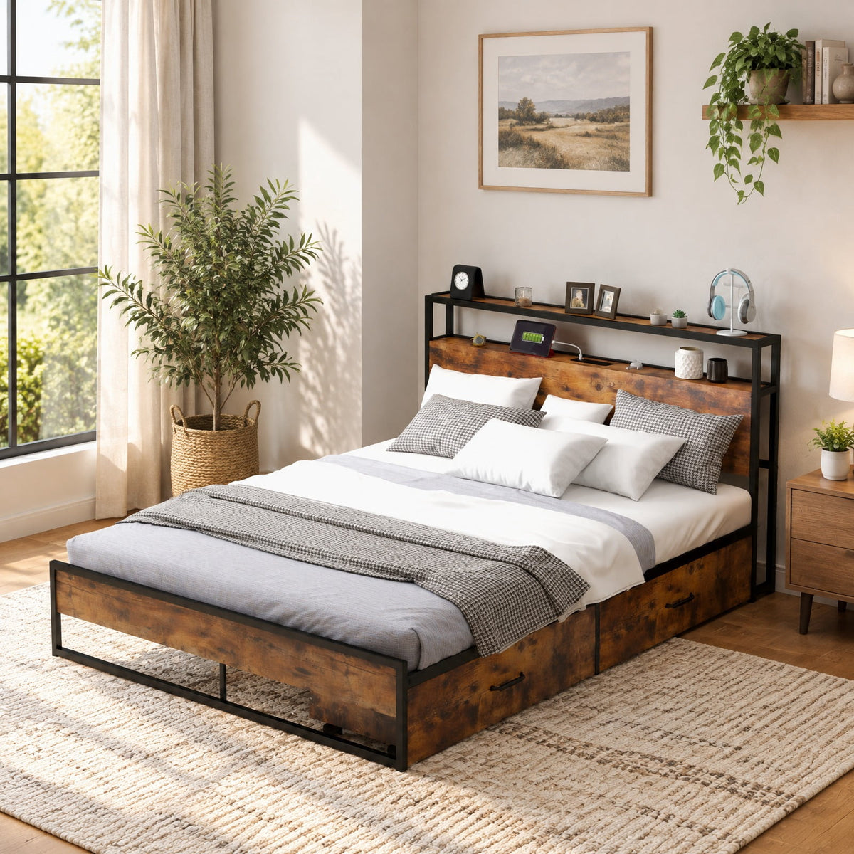 Airfind Queen Size Bed Frame with 2-Tier Storage Headboard and Charging Station, 600 lbs Capacity, Metal MDF Frame, 82.5 Inch x 55.5 Inch x 39 Inch Footprint