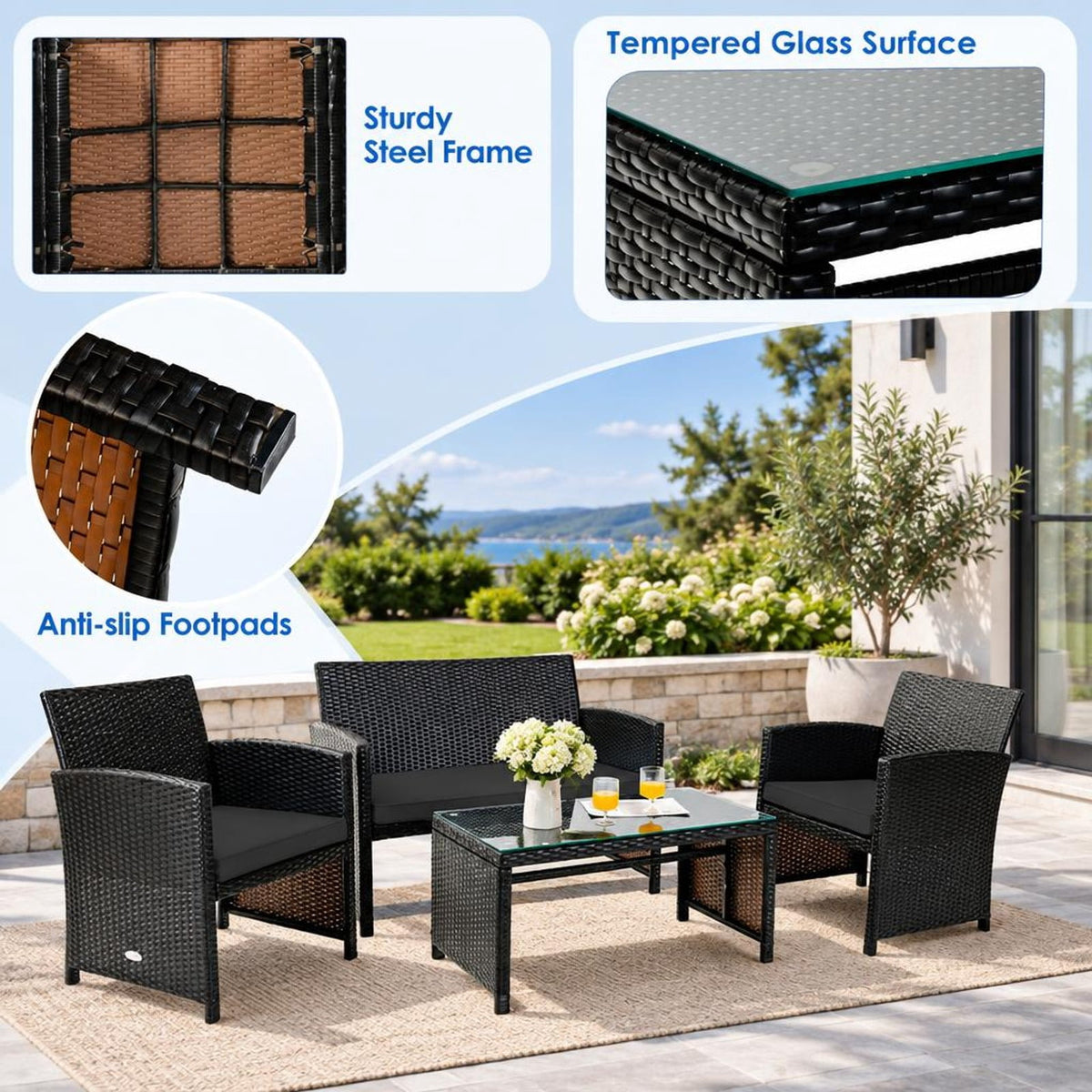 Airfind 4 Pieces Patio Rattan Cushioned Furniture Set with Coffee Table, Rattan Frame, 43.5 x 25 x 31 Footprint, Black