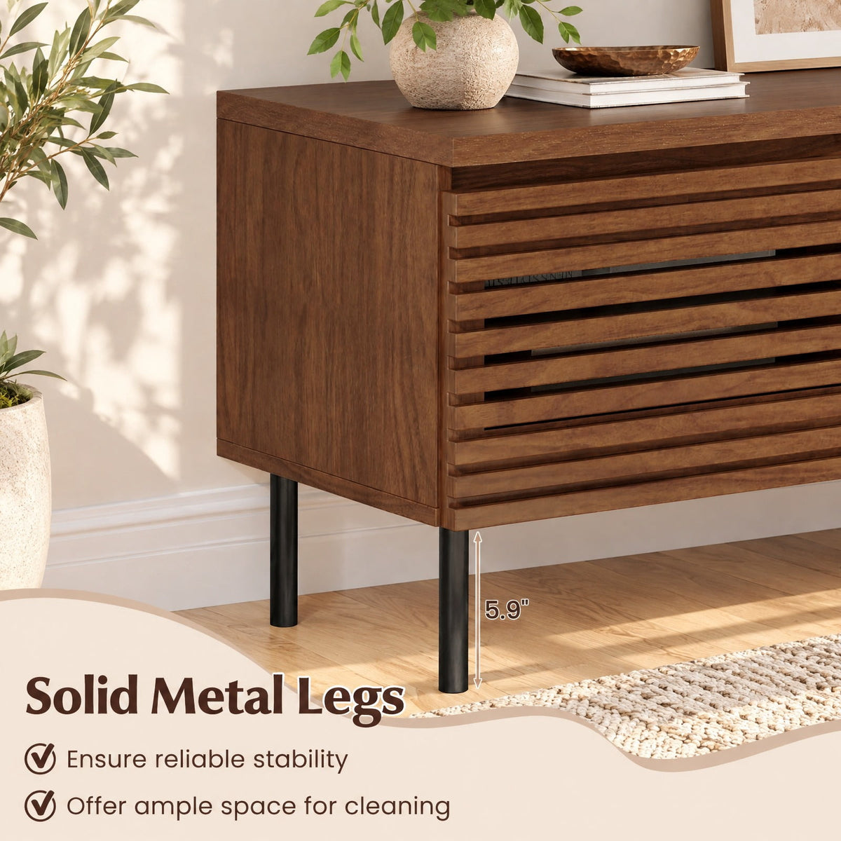 Airfind Mid Century Fluted TV Stand for 40 TV with 2 Hidden Compartments and Metal Legs, 90 lbs Capacity, Metal Engineered Wood Frame, Walnut