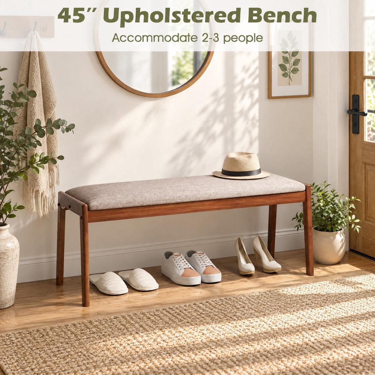 Airfind 45 Inch Farmhouse Backless Bench with Rubber Wood Legs and Fabric Padded Seat, 400 lbs Capacity, 45 x 17 x 19 Footprint, Beige