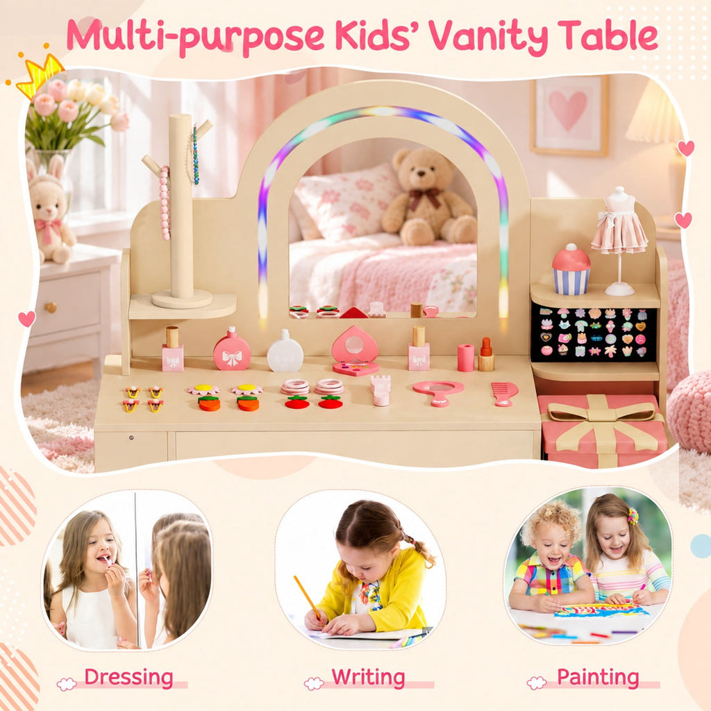 Airfind Kids Vanity Set with Colorful LED Lights Princess Makeup Dressing Table with Chair, 110 lbs Capacity, MDF Frame, 34in x 15.5in x 41in Footprint