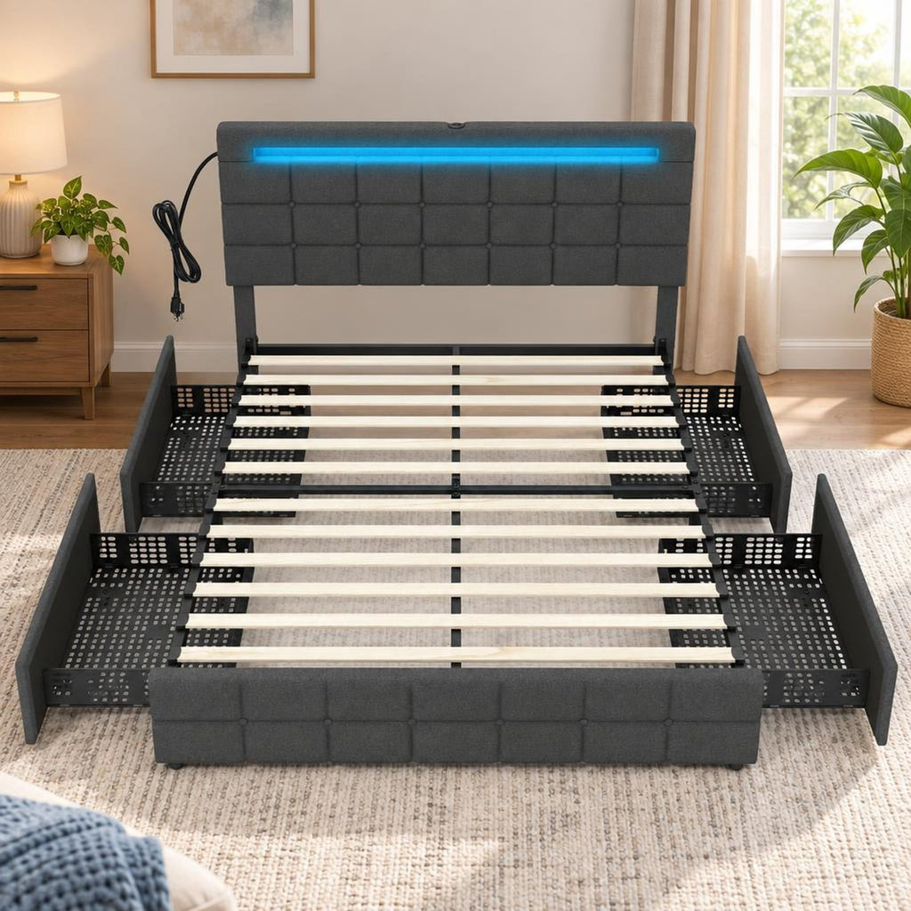 Airfind Upholstered Queen LED Bed Frame with Headboard and 4 Drawers, 880 lbs Capacity, 83 x 64 x 40.5-42.5(L x W x H) Drawer Footprint, Gray