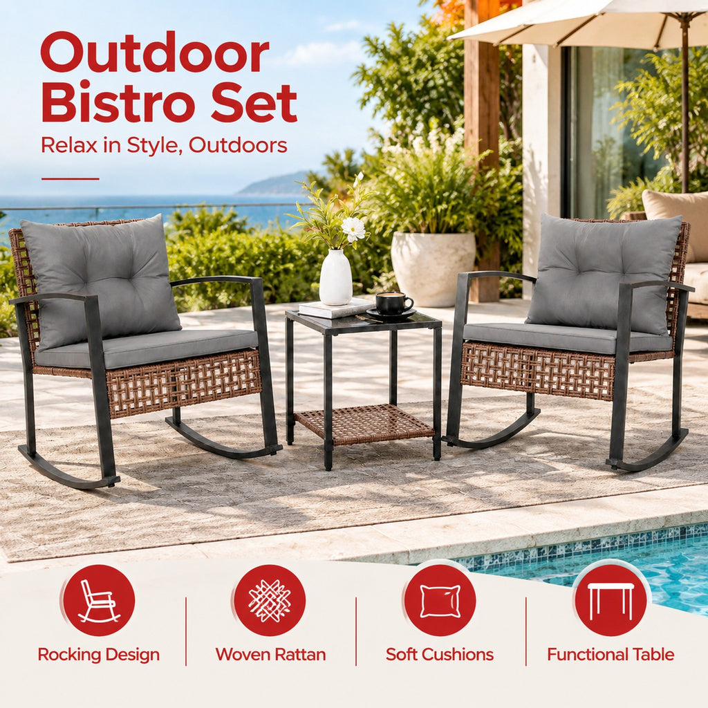 Airfind 3-Piece Outdoor Rocking Chair Set, 100 lbs Capacity, PE Rattan Metal Glass Polyester Non-woven Fabric Sponge Frame, Gray