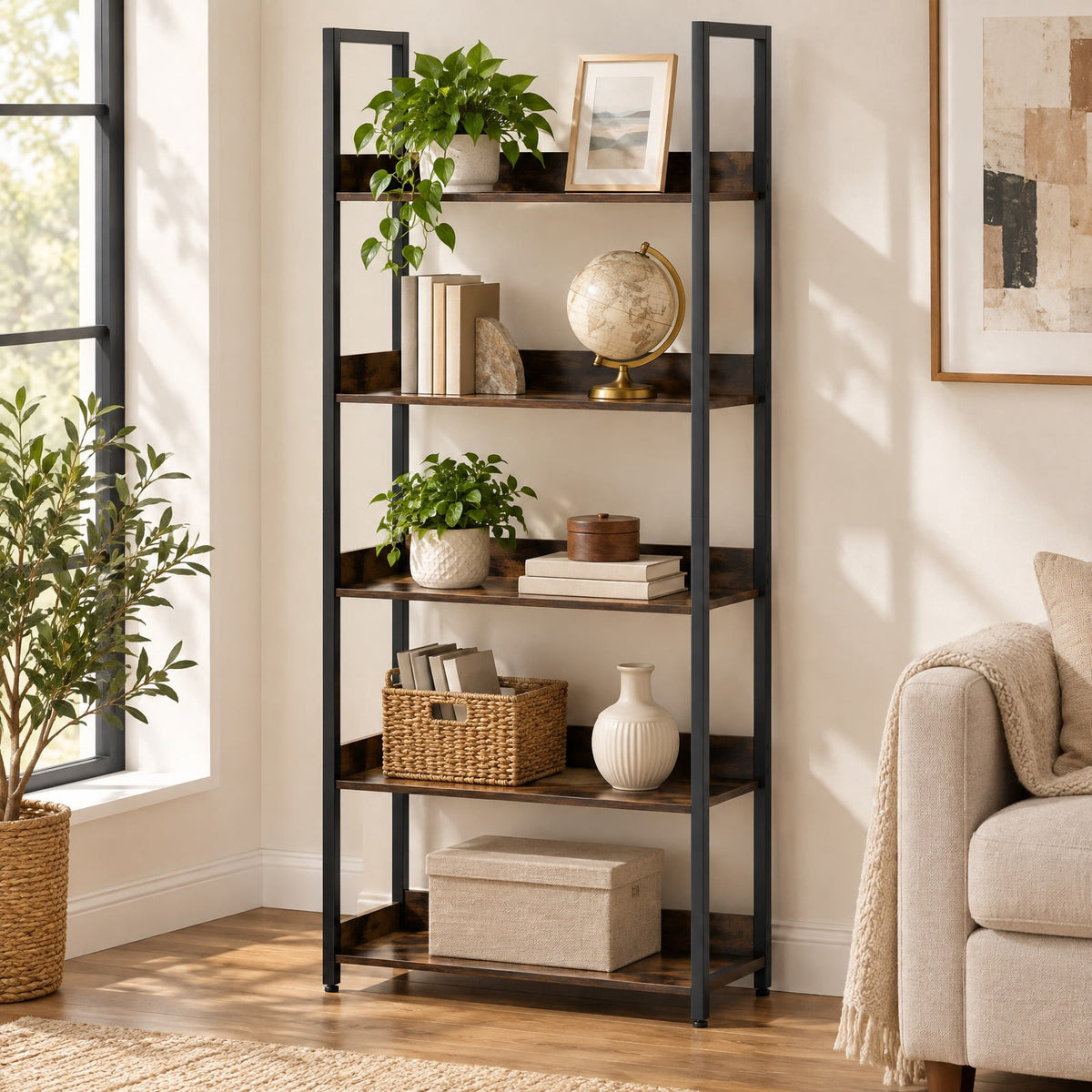 Airfind Bookshelf, 5-Tier, Tall Wooden Open Bookcase with Back Panels, 33 lbs Capacity, Engineered Wood Metal Frame, 24 Inch x 12 Inch x 61 Inch Footprint, Brown