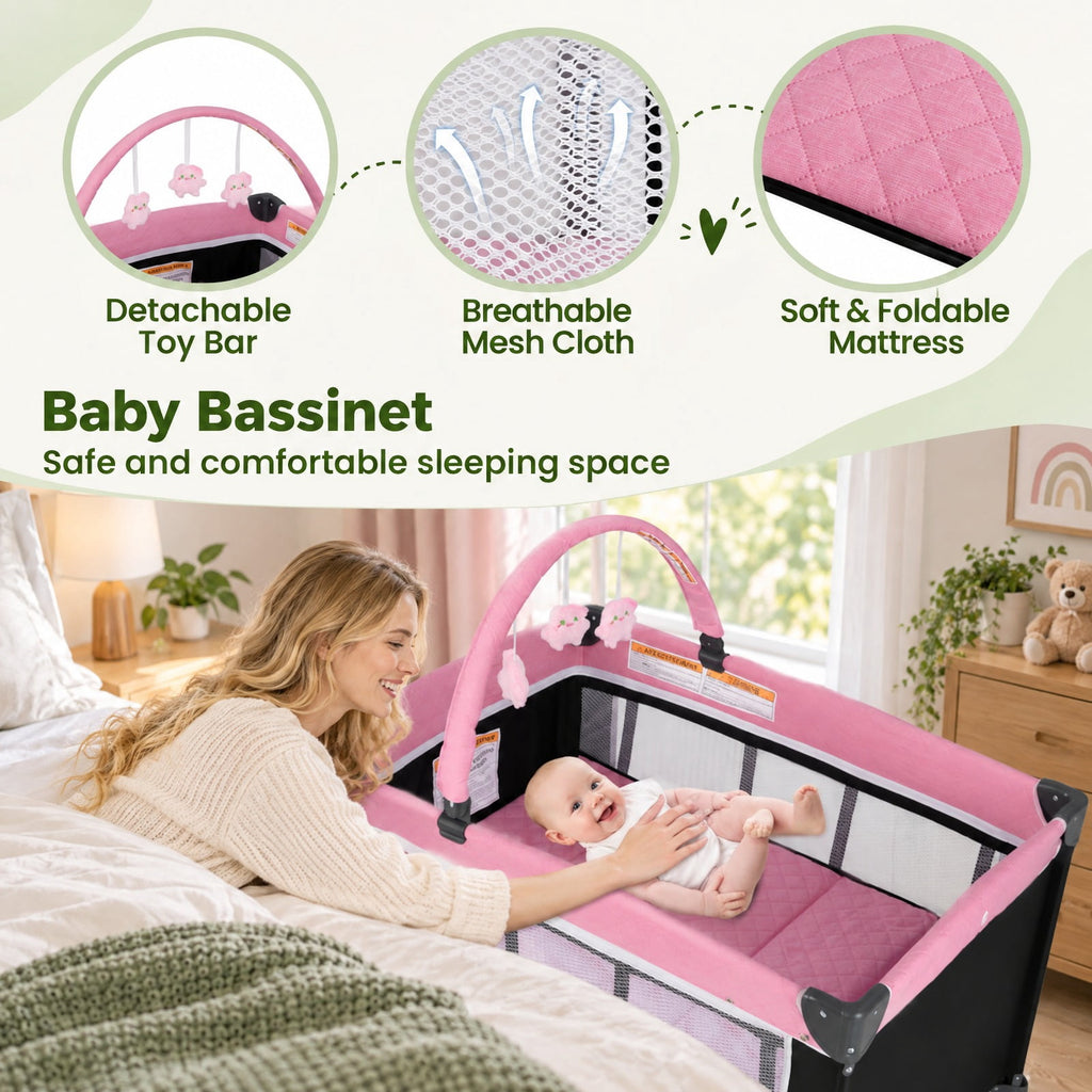 Airfind 3-in-1 Portable Baby Crib and Playpen with Changing Table, 19.8 lbs Capacity, Oxford Fabric PP Metal Mesh Cloth Frame, for 0-3 years old