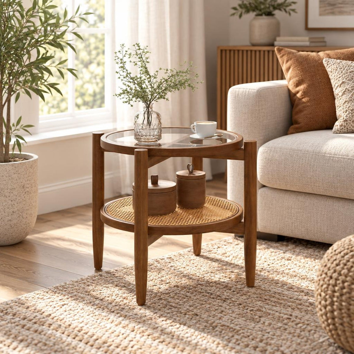 Airfind Rattan Round Side End Table with Tempered Glass Tabletop, 77 Lbs Capacity, Acacia Wood Plywood Tempered Glass PE Rattan, Walnut