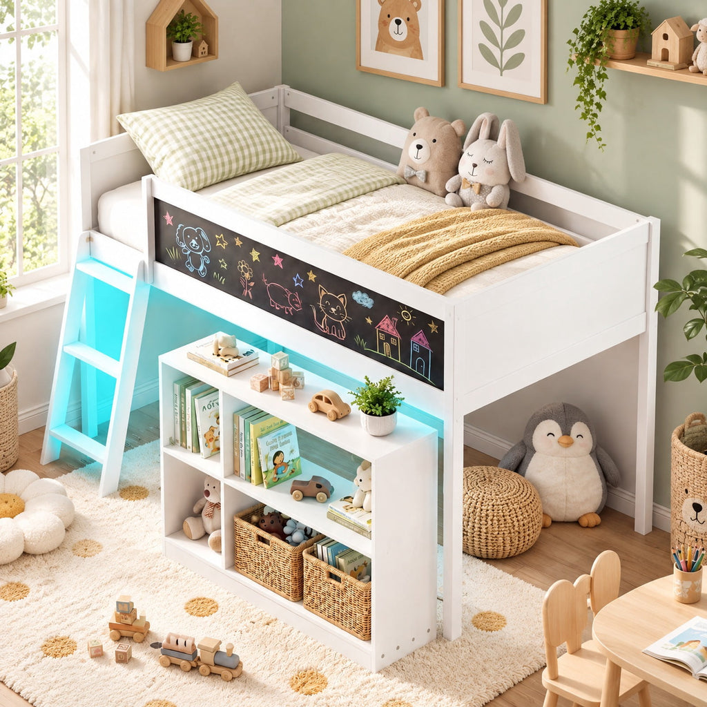 Airfind Twin Size Kids Loft Bed with LED Lights and Removable Bookcase, 350 lbs Capacity, Solid Wood Plywood Engineered Wood Frame, White