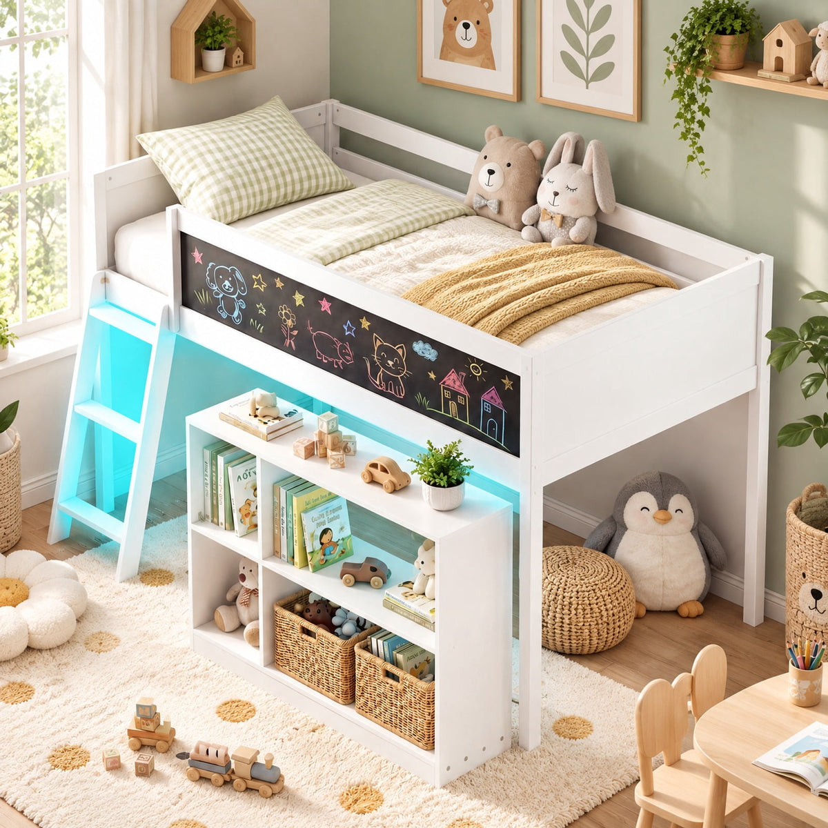 Airfind Twin Size Kids Loft Bed with LED Lights and Removable Bookcase, 350 lbs Capacity, Solid Wood Plywood Engineered Wood Frame, White