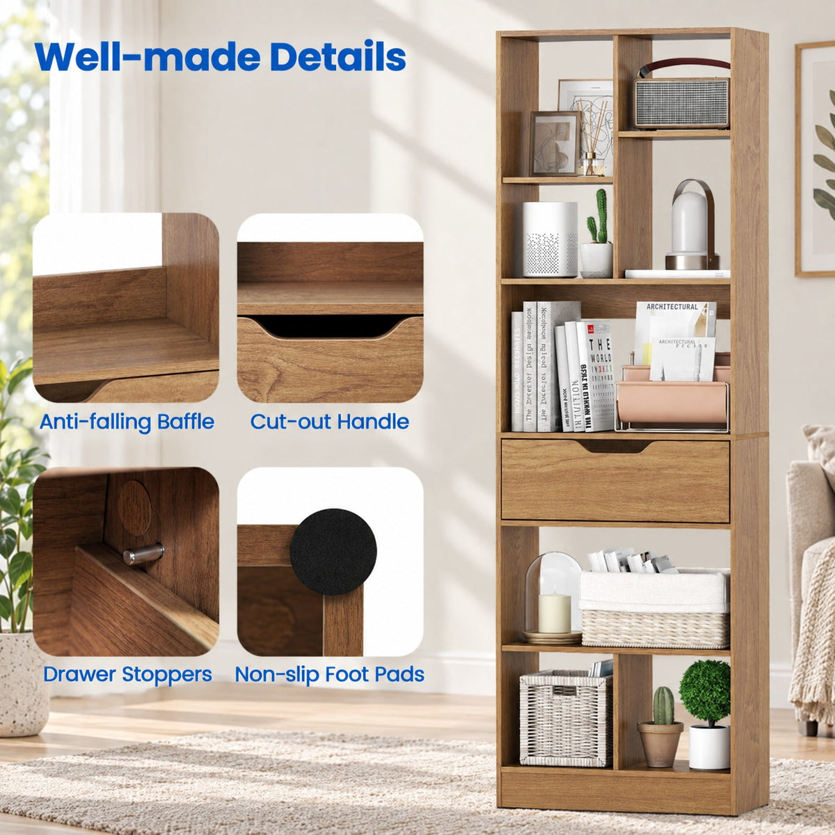 Airfind 61inch Tall Freestanding Bookcase with Drawer 8-Cube Storage Organizer, 187 lbs Capacity, Engineered Wood MDF Frame, Natural