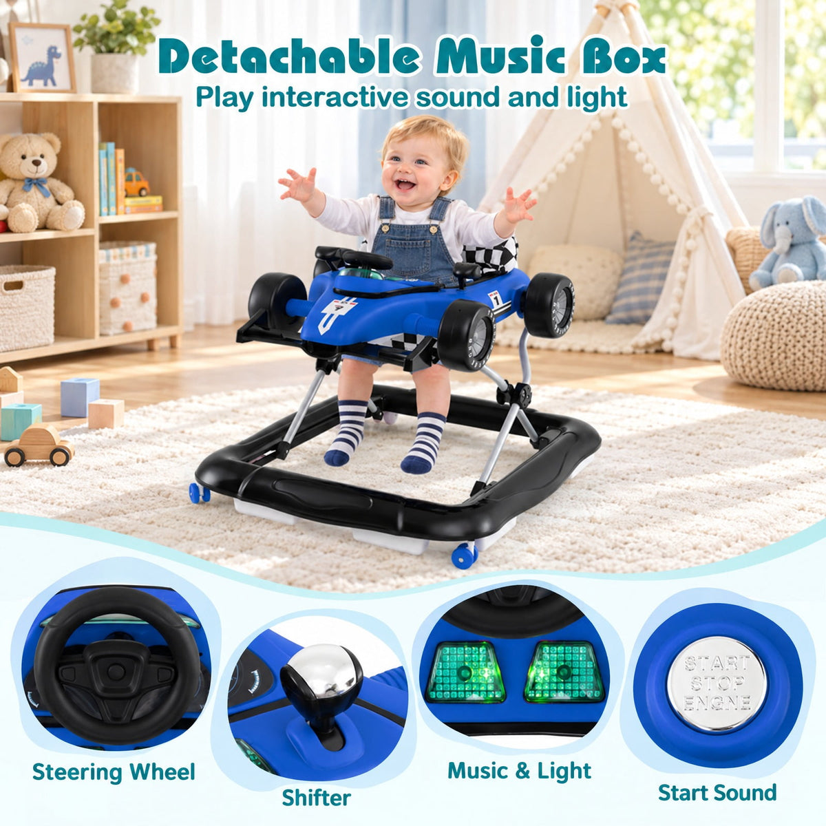 Airfind 4-in-1 Youth Push Walker Activity Center Height Adjustable featuring Music Box, 26.5 lbs Capacity, PP Metal Frame, for 6-18 Months, Blue