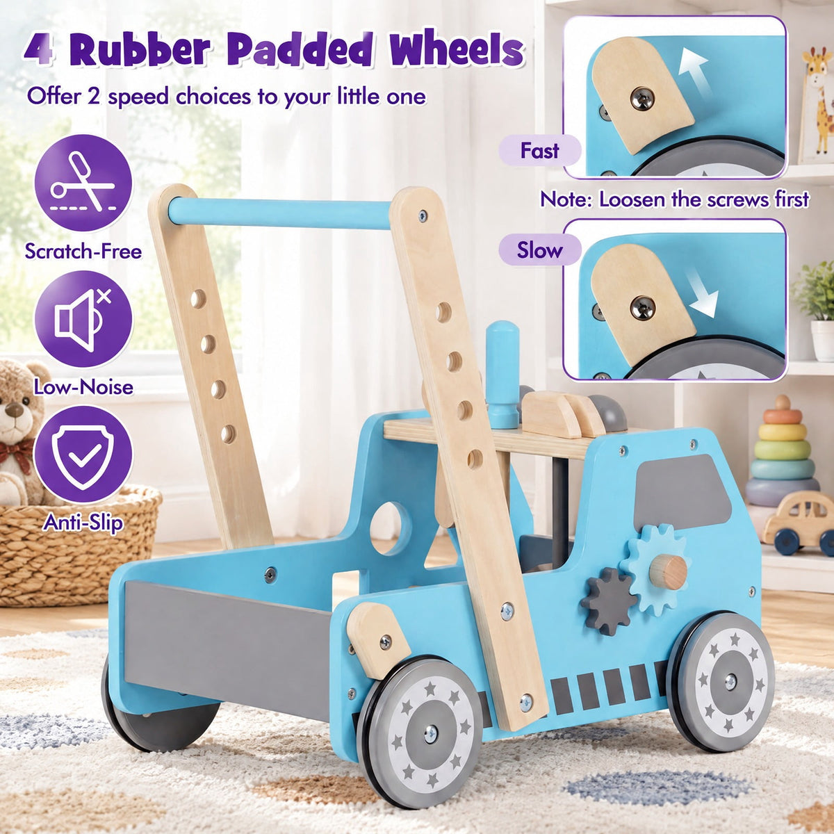 Airfind 2-in-1 Wooden Baby Walker with Adjustable Speed and Bottom Storage, MDF Frame, for 3+ Years Old, 16in x 12.5in x 16.5in Footprint, Blue