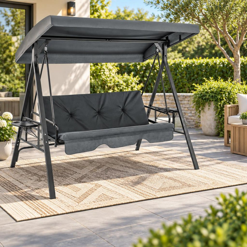 Airfind Convertible 3-Seat Patio Porch Swing Chair to Flat Bed with Adjustable Canopy, 1000 lbs Capacity, 80 x 51 x 67 Footprint, Gray