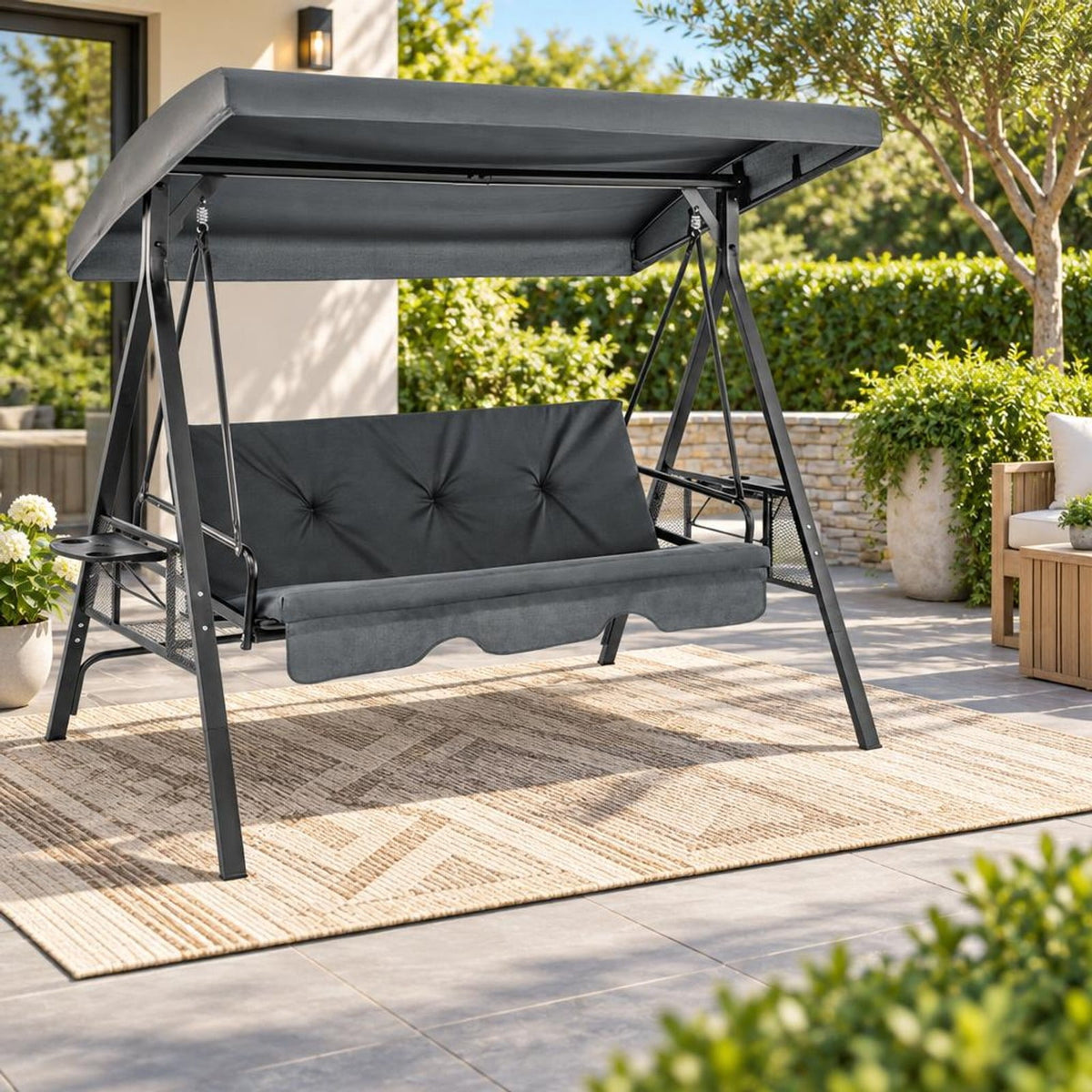 Airfind Convertible 3-Seat Patio Porch Swing Chair to Flat Bed with Adjustable Canopy, 1000 lbs Capacity, 80 x 51 x 67 Footprint, Gray