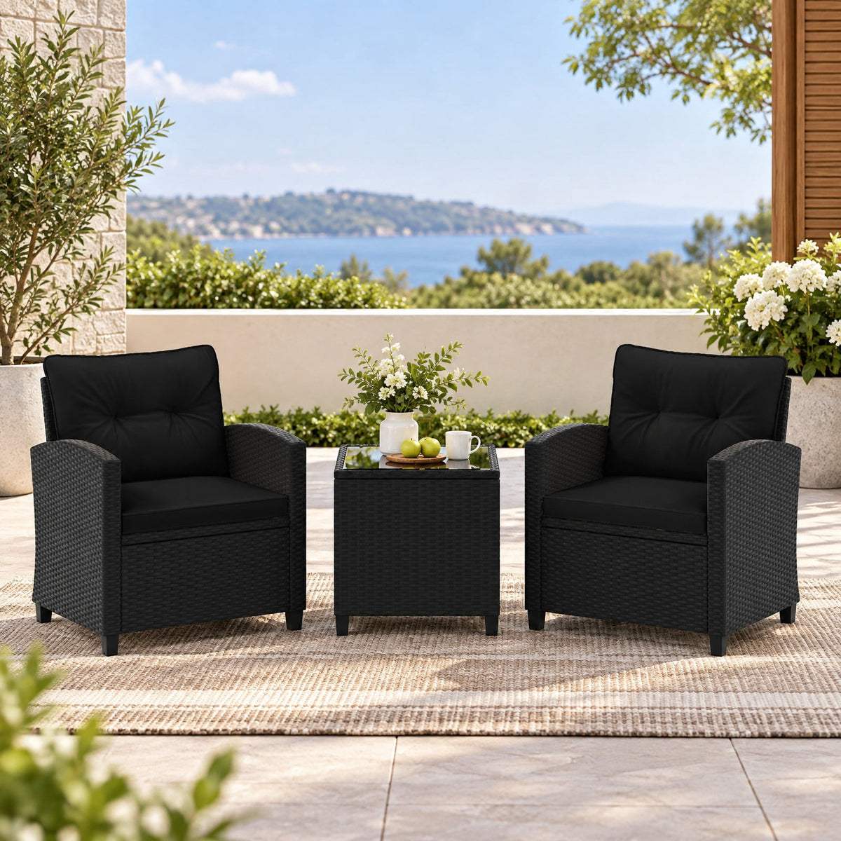 Airfind 3 Pieces Patio Furniture Set with Tempered Glass Coffee Table, 400 lbs Capacity, PE Rattan Metal Tempered Glass Polyester Sponge Frame