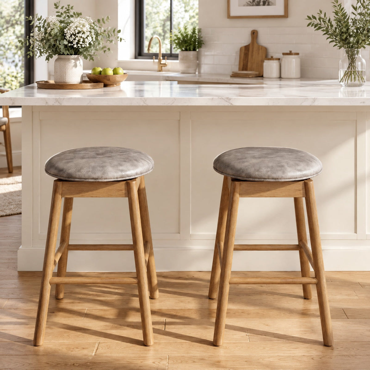 Airfind Swivel Counter Height Barstools with Solid Wood Legs and Footrests-Set of 2, 290 lbs Capacity, PU Leather Sponge Rubber Wood MDF Frame, Wood