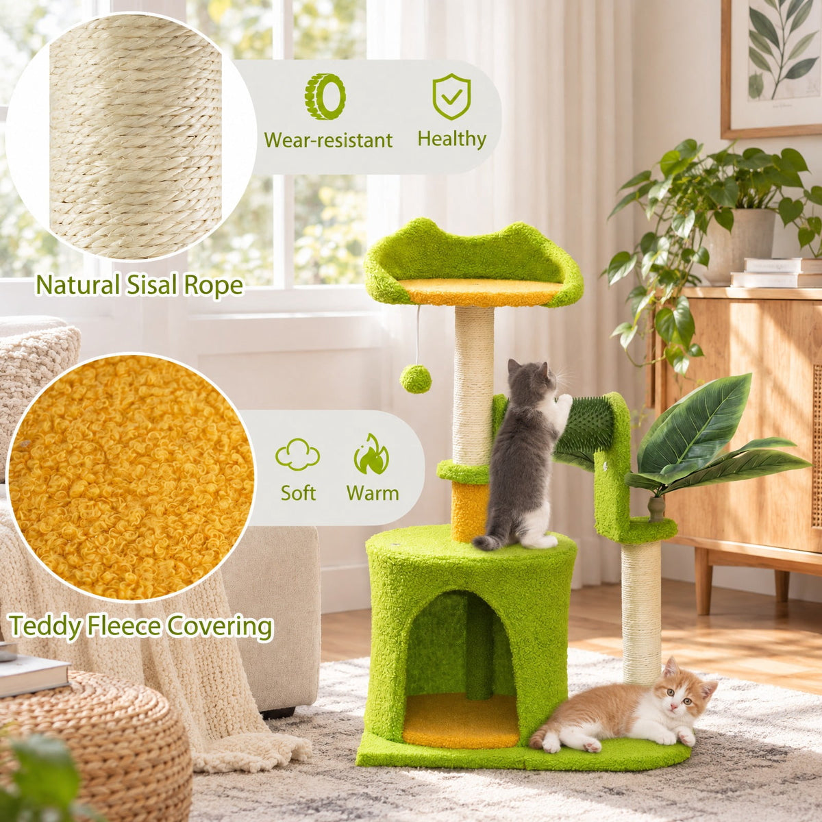 Airfind Cute Palm Cat Tree, for Indoor Cats with Artificial Leaves, Engineered Wood EVA Sisal Teddy Fleece Frame, 19 Inch x 13 Inch x 31 Inch Perch, Green