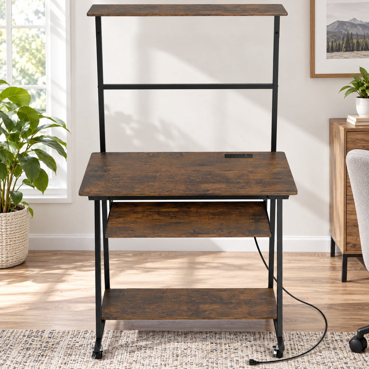 Airfind Small Computer Desk with Charging Station and LED Lights and Wheels, 165 lbs Capacity, Metal Engineered Wood Frame, Brown