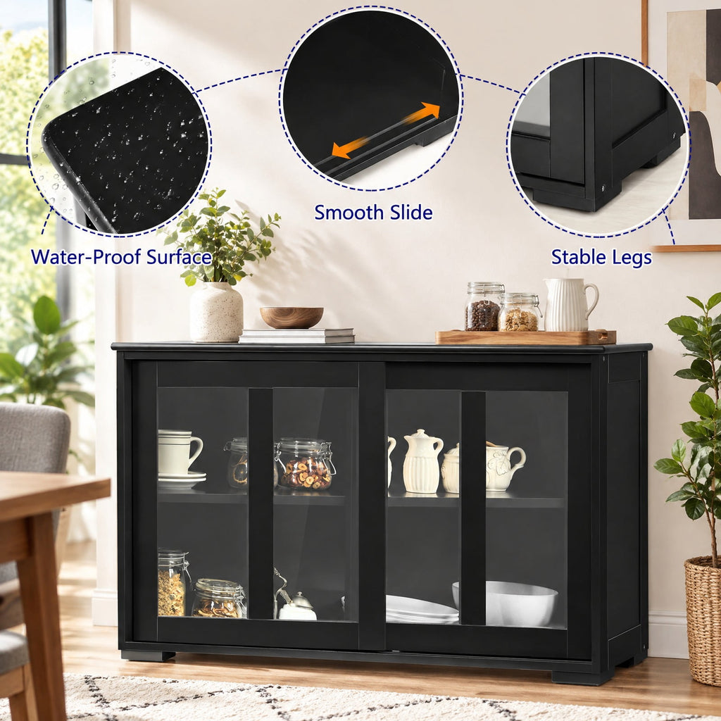 Airfind Kitchen Storage Cabinet with Glass Sliding Door, MDF transparent tempered glass Frame, 42in x 13.0in x 24.5in Footprint, Black